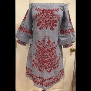 INC off the shoulder pinstripe white blue dress PS